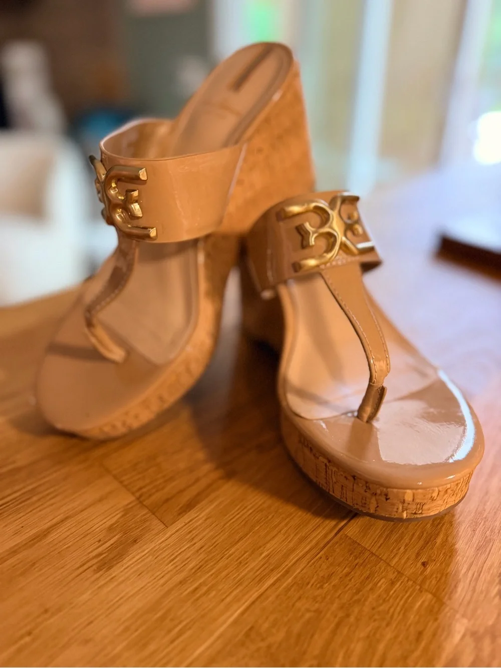 Sam Edelman Nude Patent Leather Wedge Thong Sandals with Gold Accent